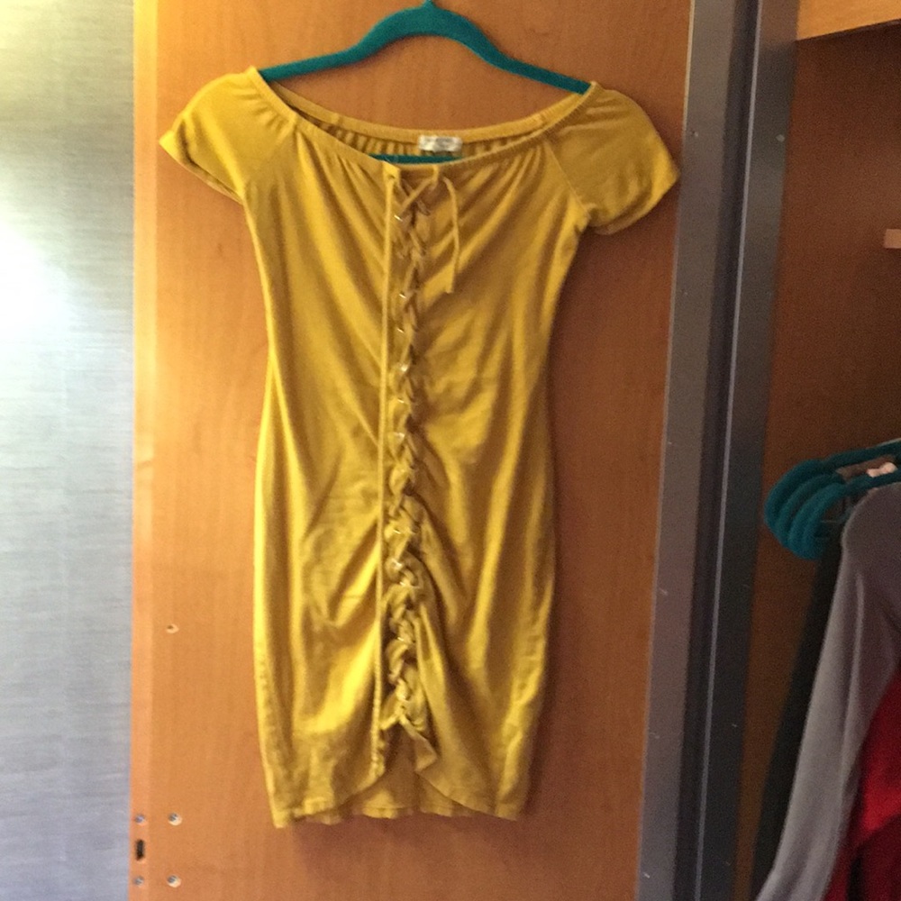 Gold lace up front dress